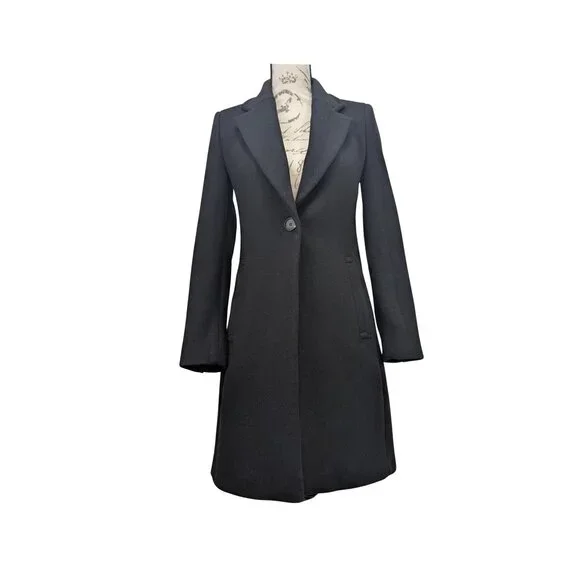 Zara Wool Blend Black Coat XS Tailored Longline Minimal Classic Jacket - Picture 2 of 7